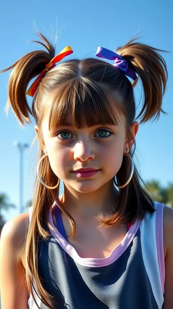 A girl with high pigtails styled with colorful ribbons, wearing a sporty outfit.