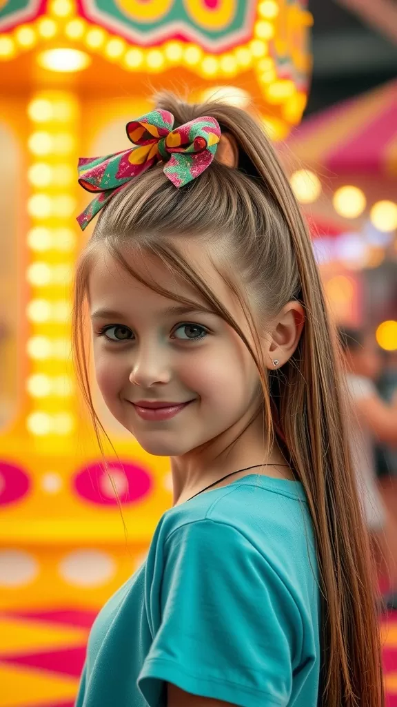 A young girl with a high ponytail adorned with a colorful bow, smiling at the camera