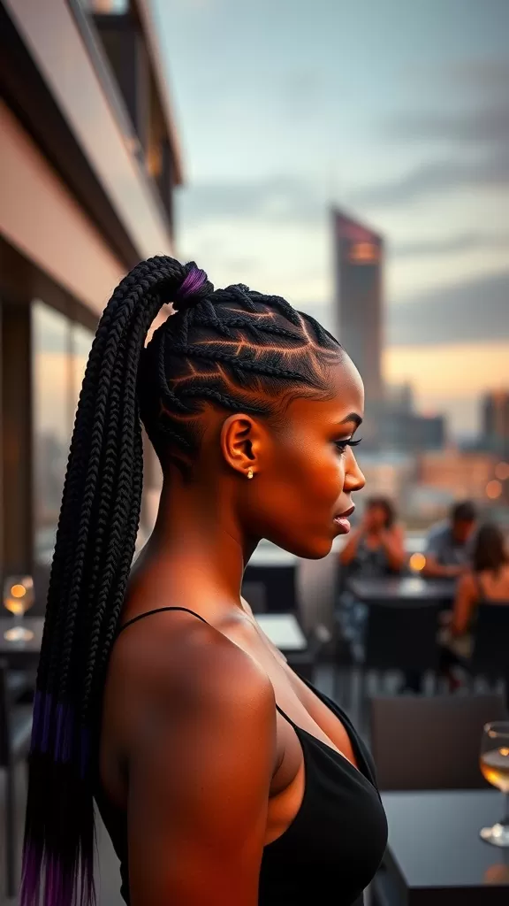 A woman with a high ponytail featuring a braided base, showcasing intricate braids and vibrant colored tips, seated at a stylish outdoor venue.