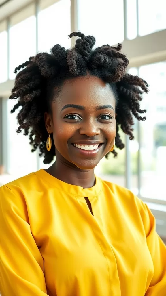 A woman with a high puff hairstyle adorned with Bantu knots, smiling brightly.