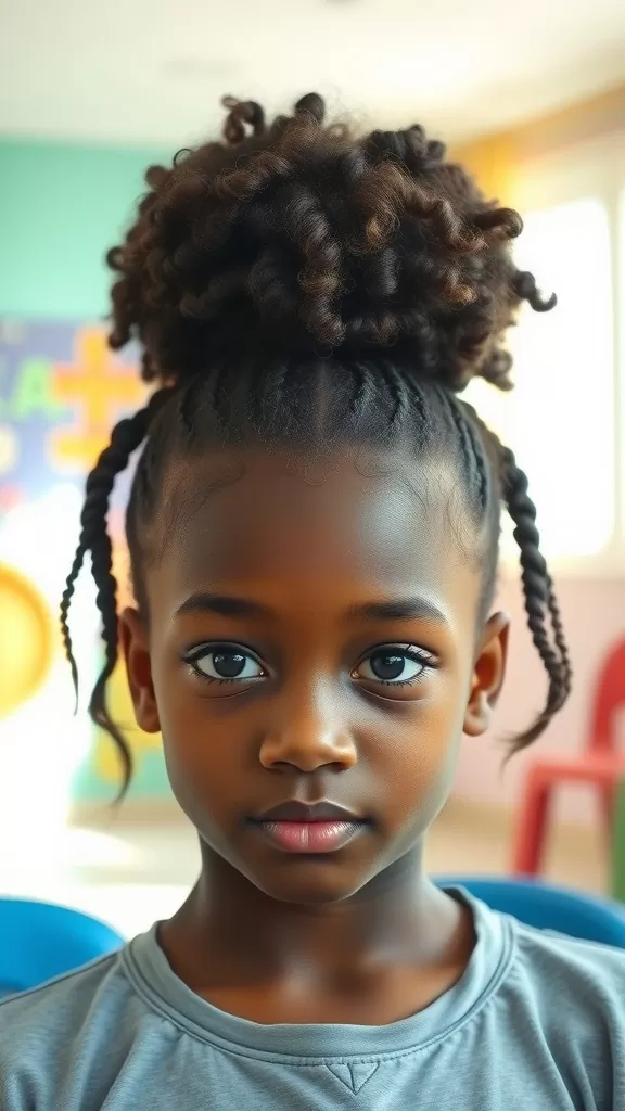 A girl with a high puff hairstyle and braided accents.