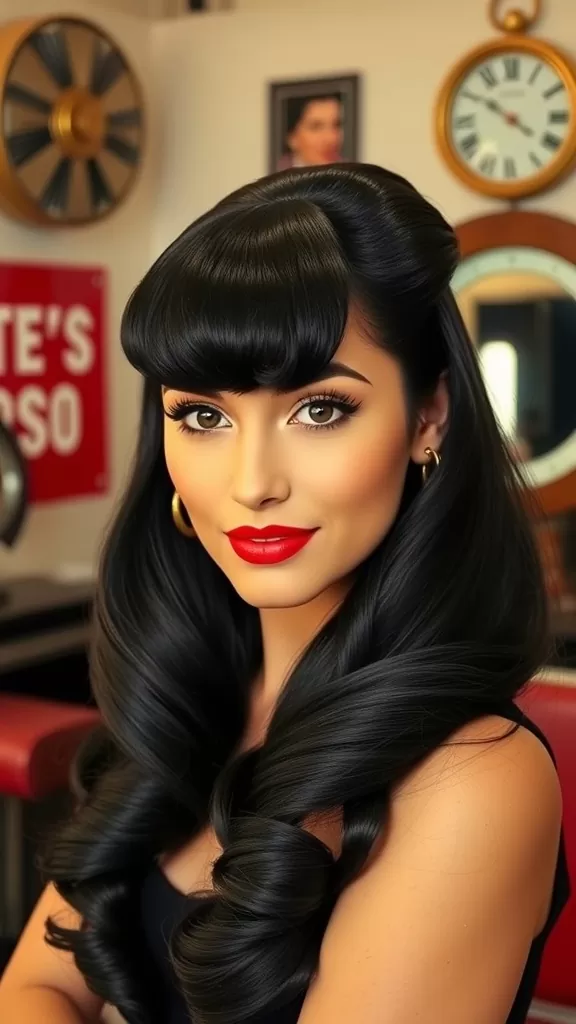 A woman with high rolled bangs and glossy black hair, styled with loose curls and red lipstick, in a vintage-inspired setting.