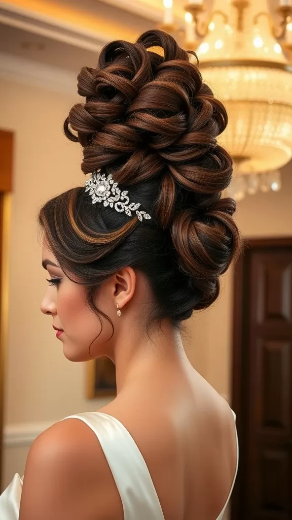 A high textured bun adorned with a bejeweled headband, showcasing elegance for a wedding hairstyle.