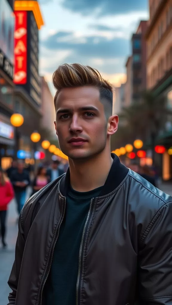 A young man with a high top fade hairstyle, wearing a bomber jacket, in an urban setting.