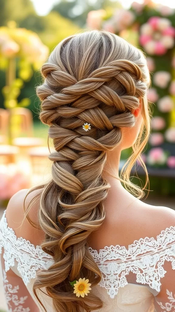 A beautiful floral braided updo hairstyle suitable for weddings, showcasing intricate braids and small flowers.