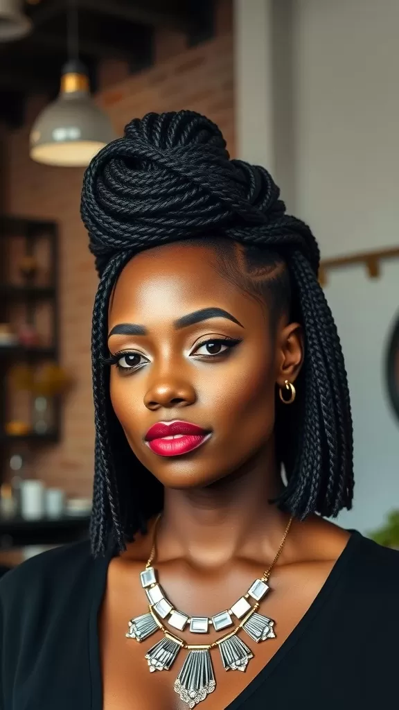 Model with an intricate zigzag braid updo hairstyle, wearing a bold red lip and a statement necklace.