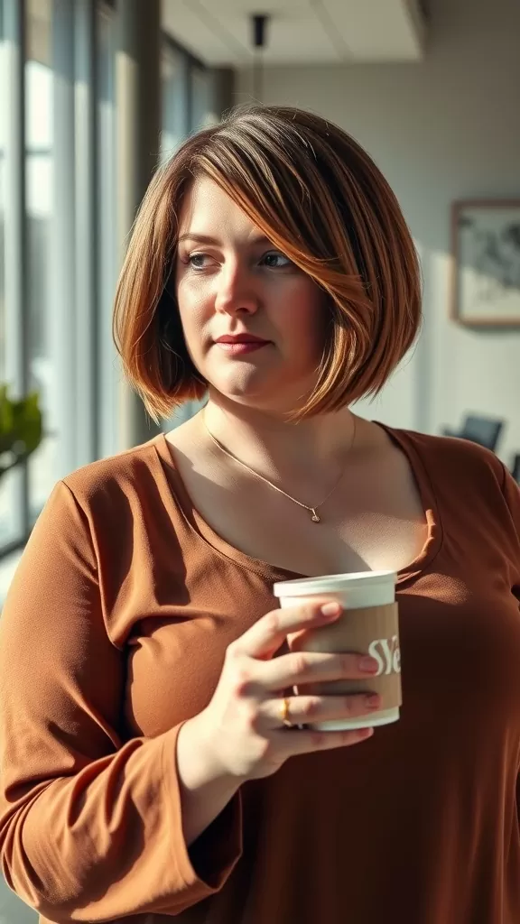 A woman with an inverted bob haircut and highlights, holding a coffee cup, wearing a brown top.
