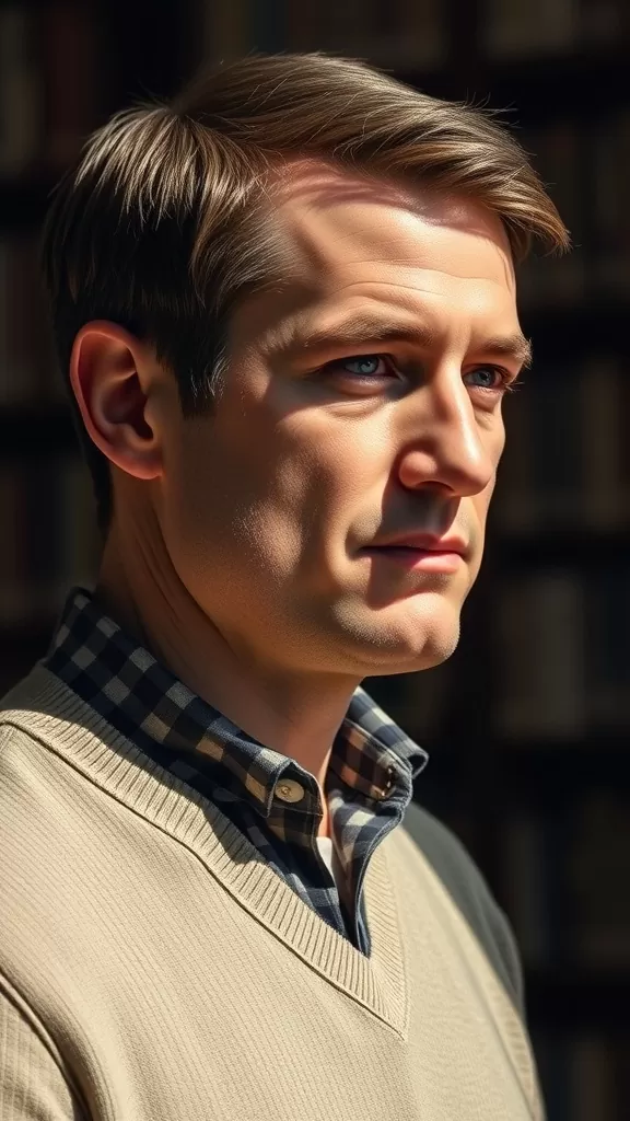 A man with an Ivy League hairstyle, wearing a beige sweater and plaid shirt, set in a library background.