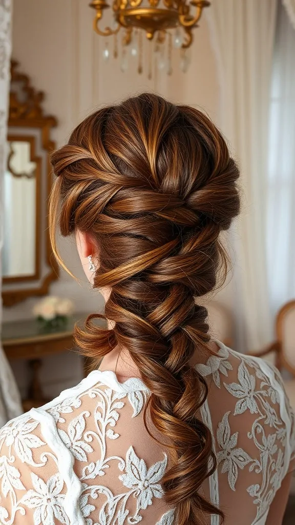 A close-up of a lace braid updo hairstyle with soft curls, showing rich brown hair styled elegantly.