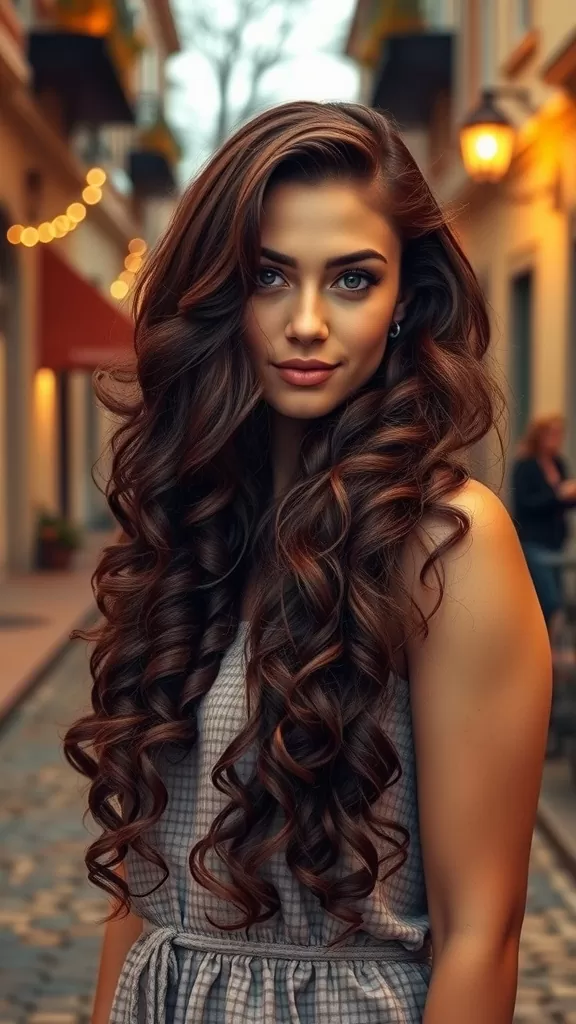 A woman with long, curly hair and layered bangs smiling in a charming street setting.