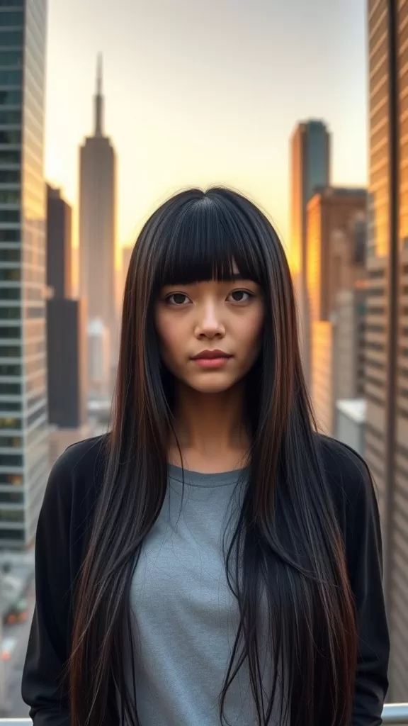 A woman with long straight hair and layered bangs, standing in a cityscape during sunset.