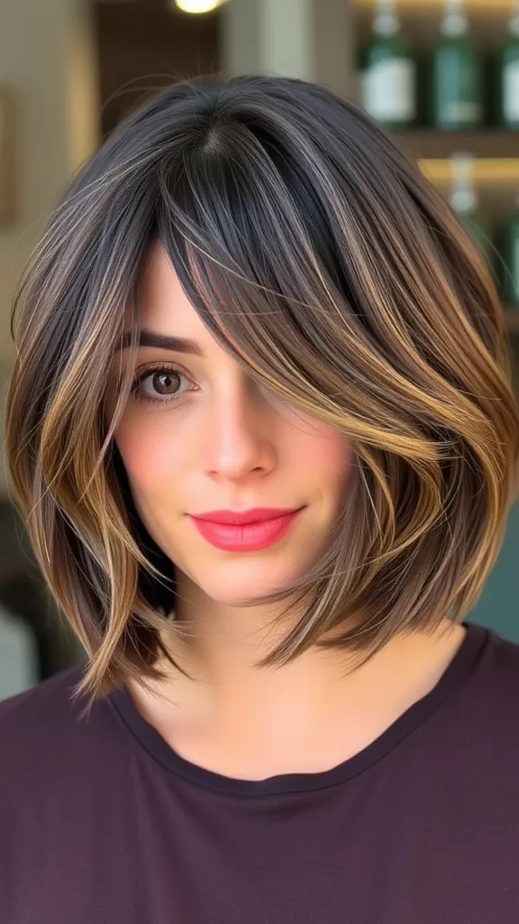 A woman with a layered bob haircut, featuring soft waves and highlights, smiling at the camera.