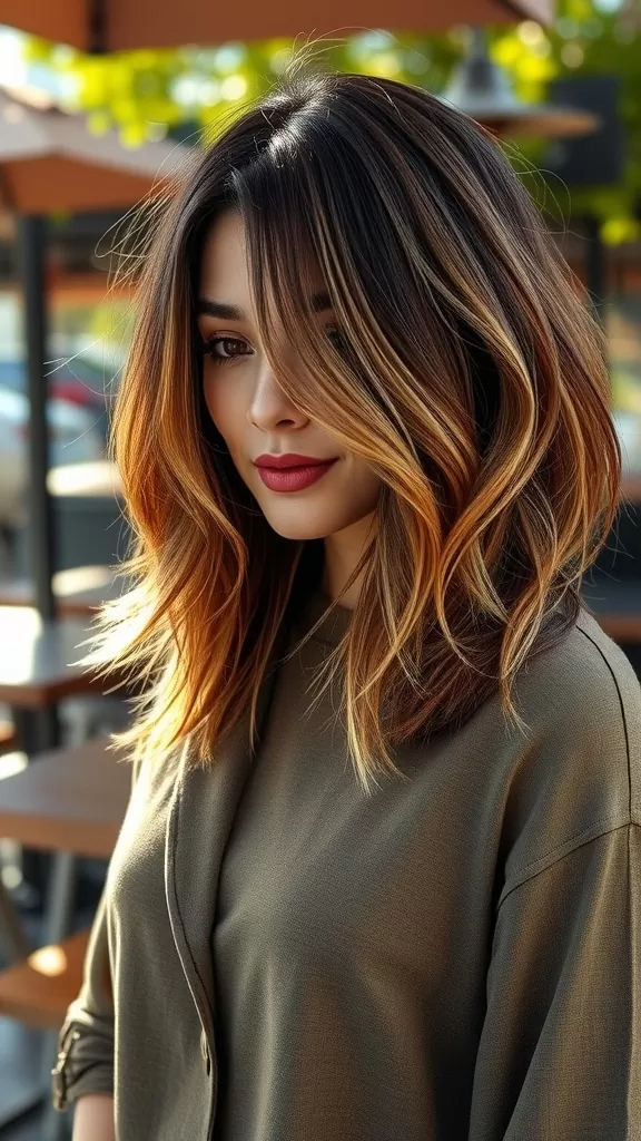 A woman with a layered bob haircut featuring balayage in warm tones, showcasing soft waves and a stylish appearance.