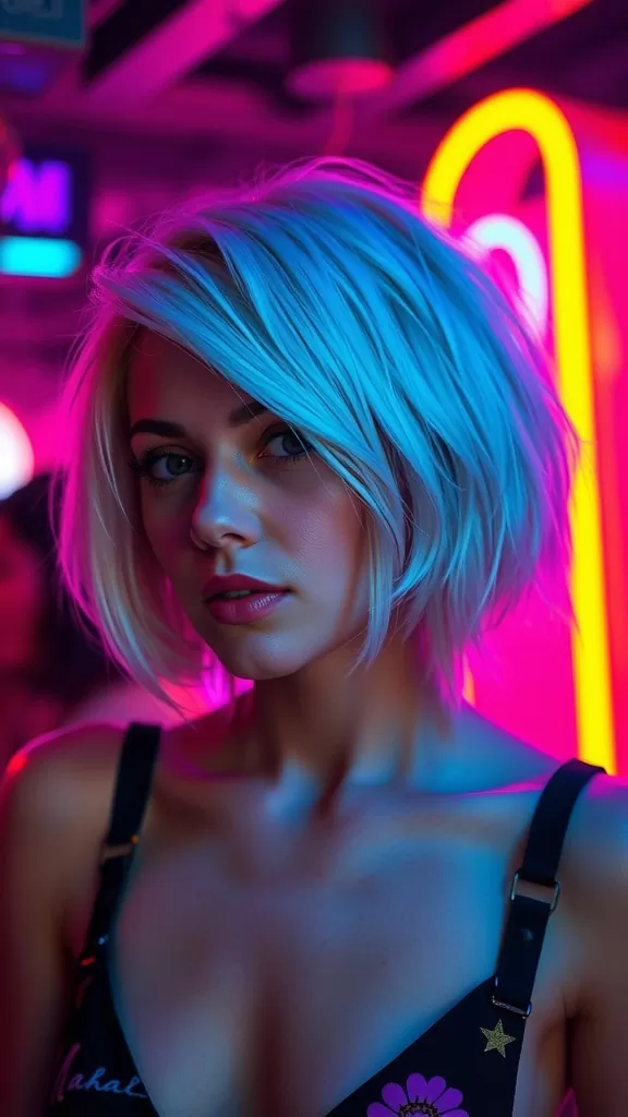 A woman with a layered bob haircut featuring crimped texture, set against a colorful neon background.