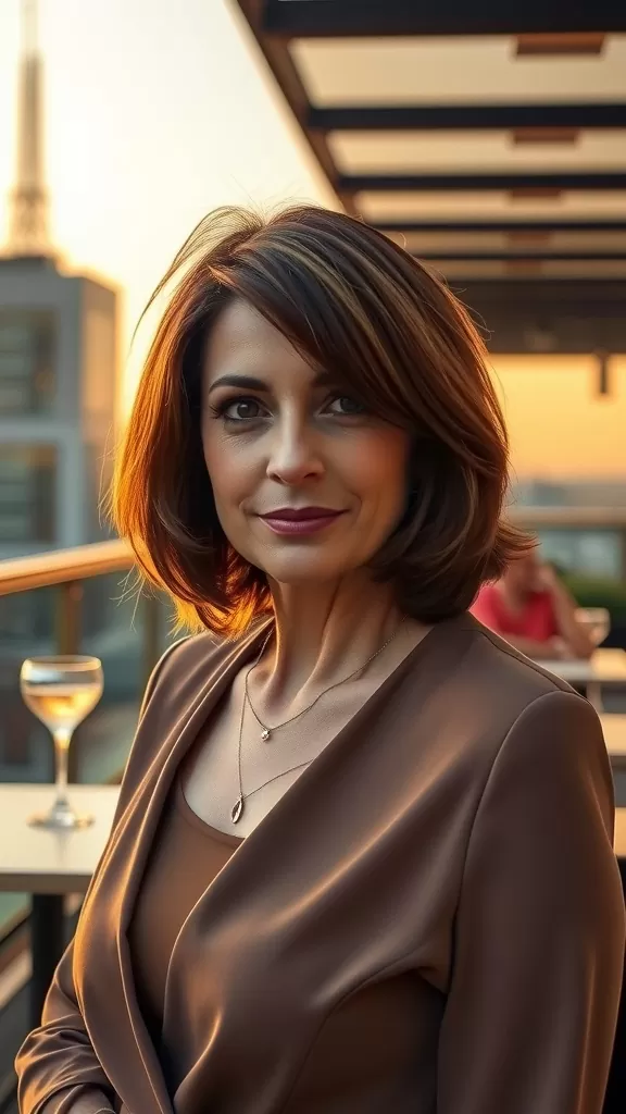 A woman with a layered bob haircut and a deep side part, wearing a stylish outfit and delicate jewelry, with a sunset city view in the background.