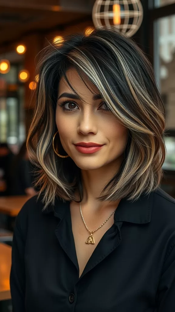 A woman with a layered bob haircut featuring face-framing highlights, wearing a black shirt with a necklace in a cozy café setting.
