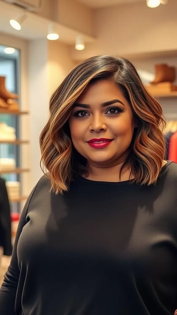 A plus-size woman with a layered bob haircut featuring highlights, looking confident and stylish.