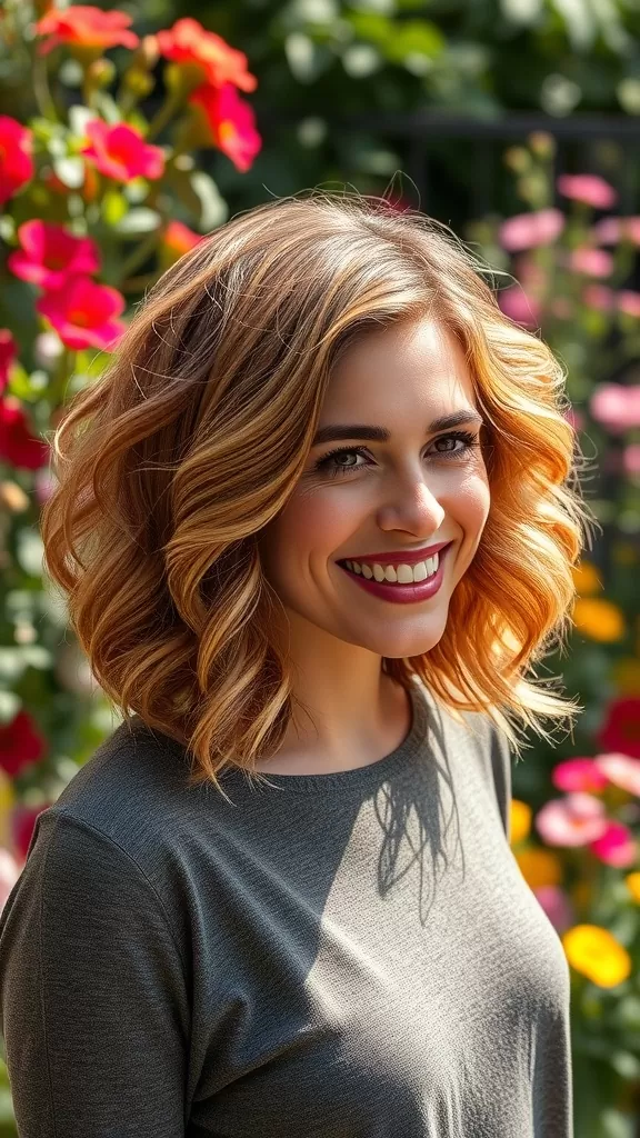 A woman with a layered bob haircut styled in loose curls, smiling in front of colorful flowers.