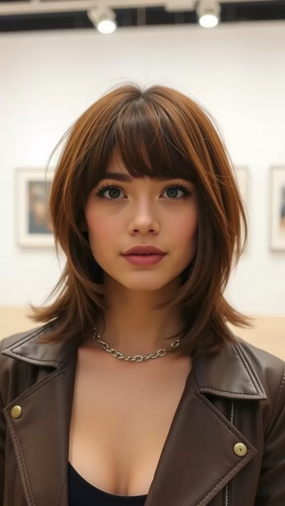A woman with a layered bob haircut and micro bangs, wearing a leather jacket, with soft waves and warm brown hair.