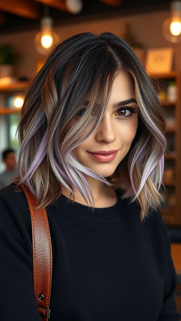 A woman with layered bob haircut featuring peekaboo highlights.