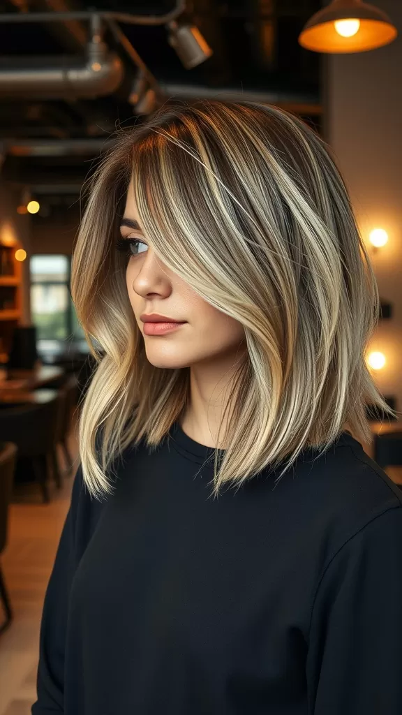 A woman with a layered bob haircut featuring shadow roots, looking stylish and modern.