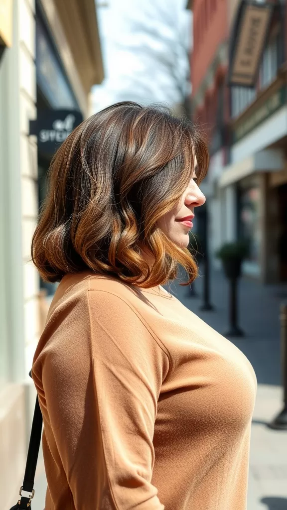 A woman with a layered bob haircut and side-swept bangs, standing outdoors, showcasing a stylish look.