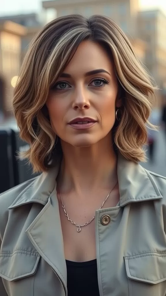A woman with a layered bob hairstyle and side bangs, wearing a light jacket, looking confidently at the camera.