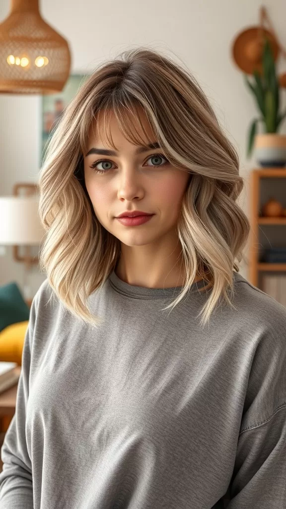 A woman with a layered bob haircut and wavy bangs, looking stylish and confident.