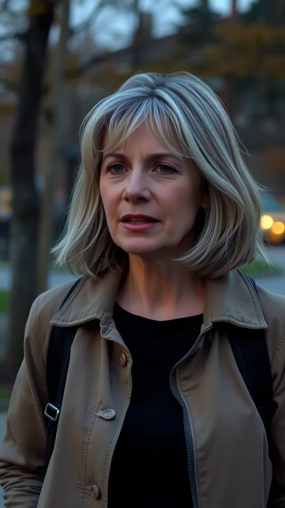 A woman with a layered bob haircut featuring wispy ends, wearing a coat, with a focused expression outdoors.