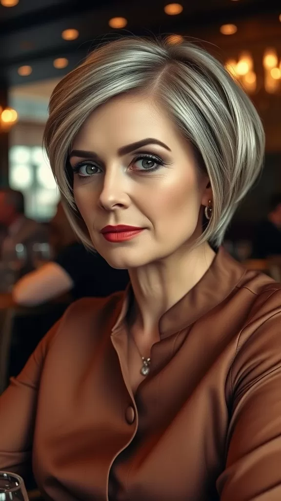 A woman with a layered crop haircut and side part, showcasing a stylish and elegant look.