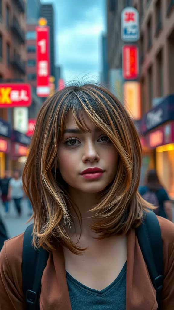 A young woman with layered lob hairstyle and long side bangs, walking in a vibrant city street.