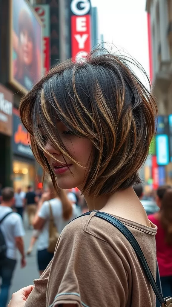 A woman with a layered lob hairstyle and tousled bangs, standing in a bustling city street.