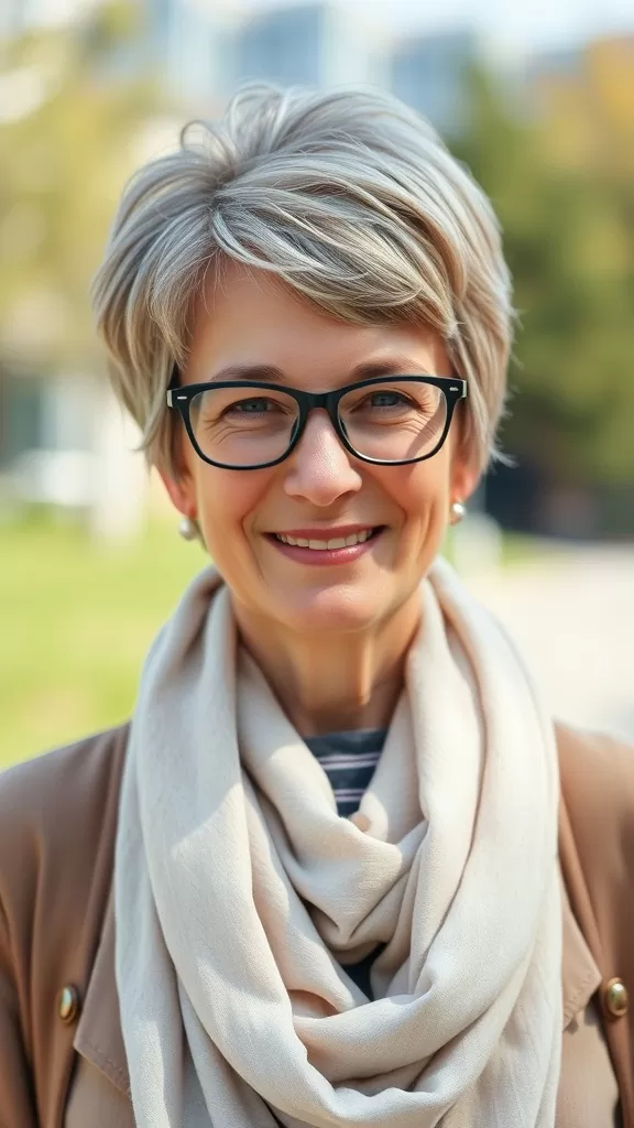Happy woman with a layered pixie cut, wearing glasses and a scarf, showcasing a stylish look.