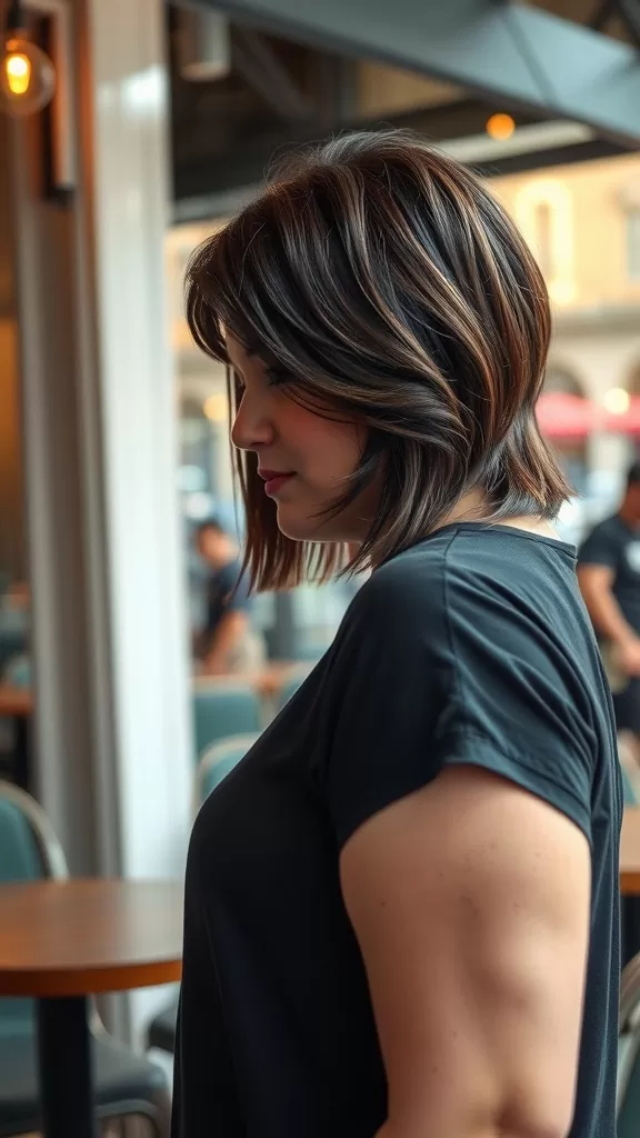 A woman with layered pixie haircut and long bangs, showcasing a stylish look.