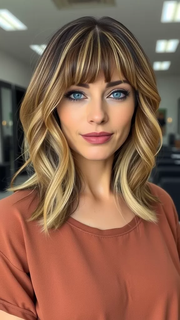 A woman with layered shag haircut and curtain bangs, showcasing wavy hair in a trendy style.