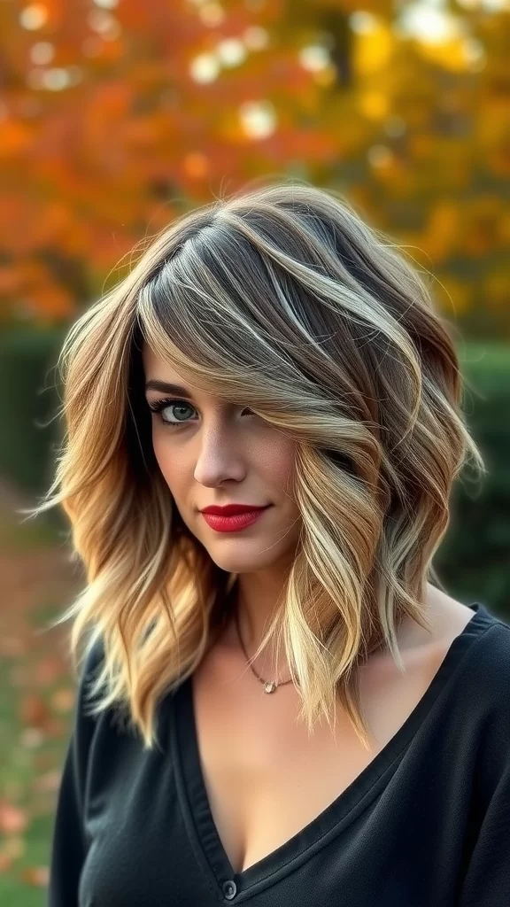 A woman with layered shag haircut featuring frosted tips, showcasing wavy hair against a backdrop of fall foliage.