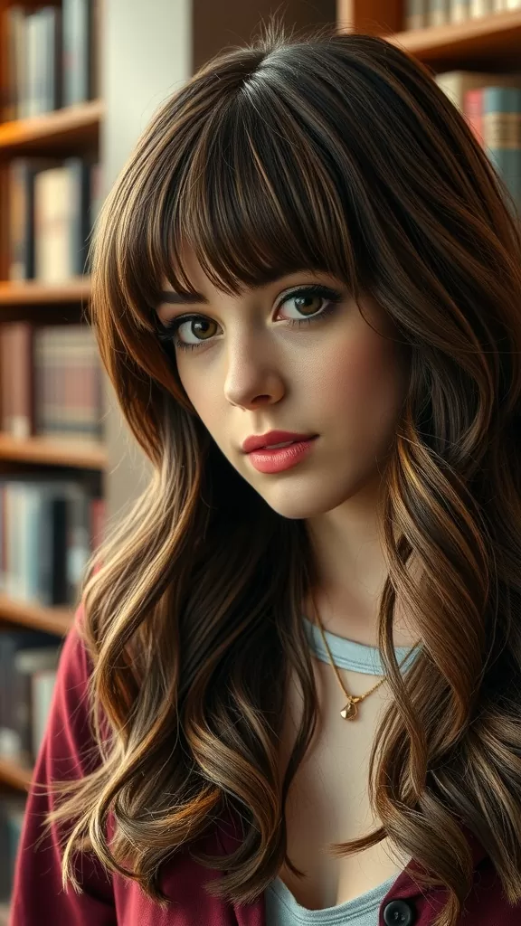 A woman with layered shag haircut and full bangs, showcasing wavy hair.