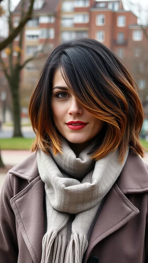 Woman with layered shag hairstyle featuring an ombre effect, wearing a scarf and coat