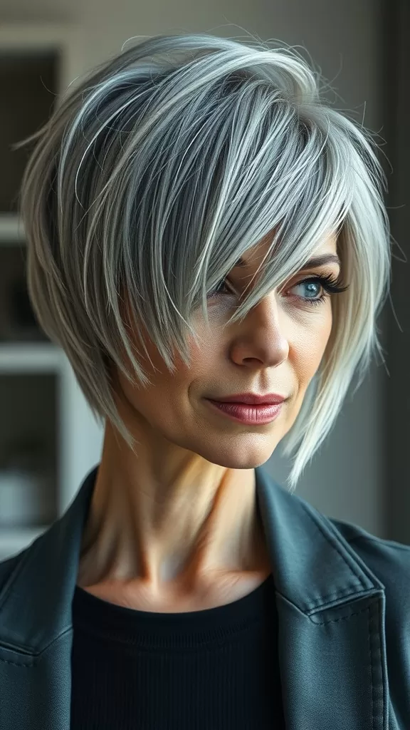 A woman with a layered shag hairstyle featuring razor cut ends, showcasing a stylish and youthful look.