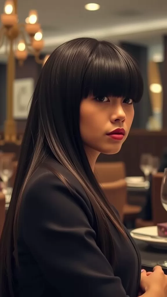 A woman with long, straight hair styled in a layered shag with sleek curtain bangs, seated in a restaurant.
