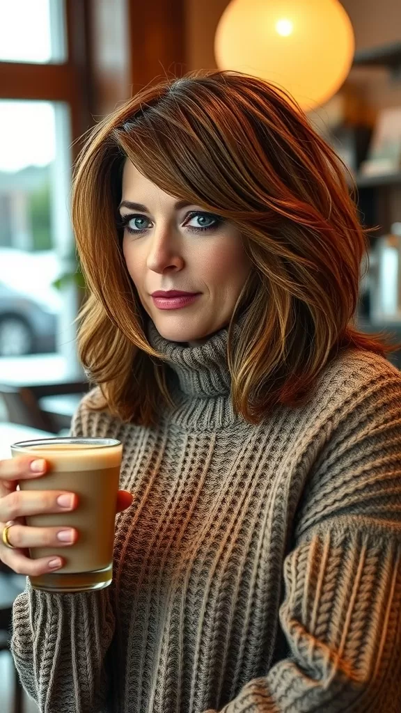 Woman with layered shag hairstyle holding a drink, wearing a cozy sweater