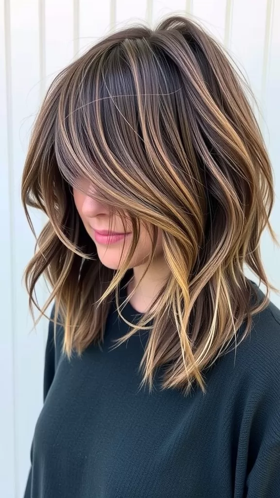 A woman with layered shag haircut featuring soft waves and highlights, showcasing volume and texture.