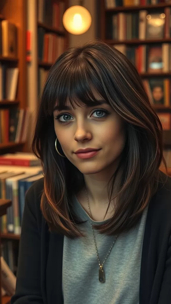 A person with layered shoulder-length hair and brow-grazing bangs, sitting in a library.