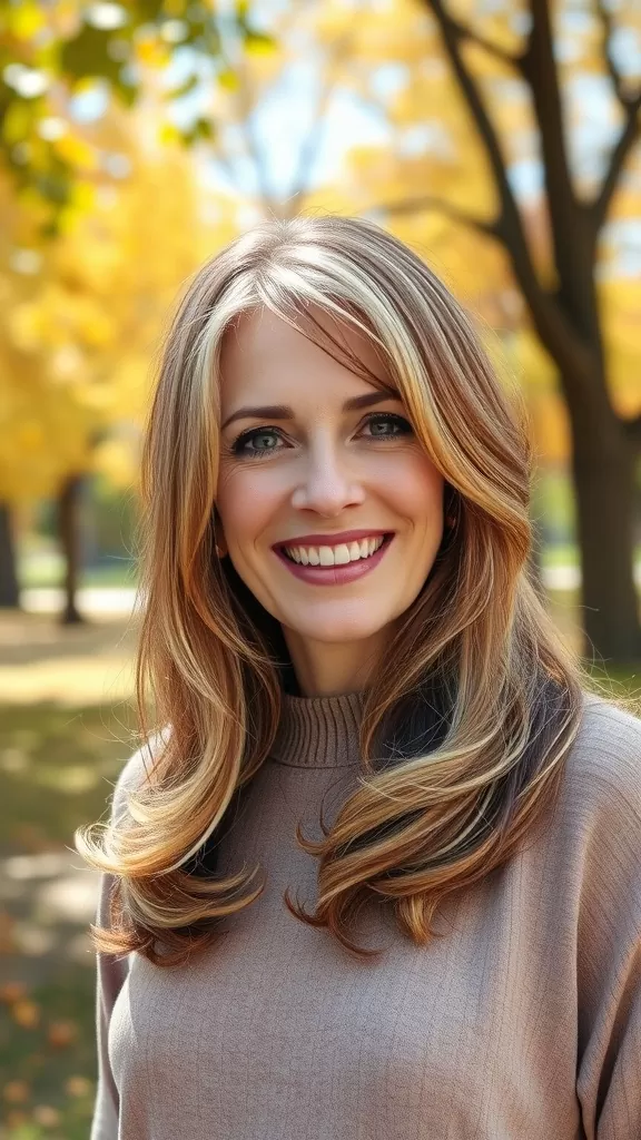 A woman with layered shoulder-length lob hairstyle, smiling outdoors with autumn trees in the background.