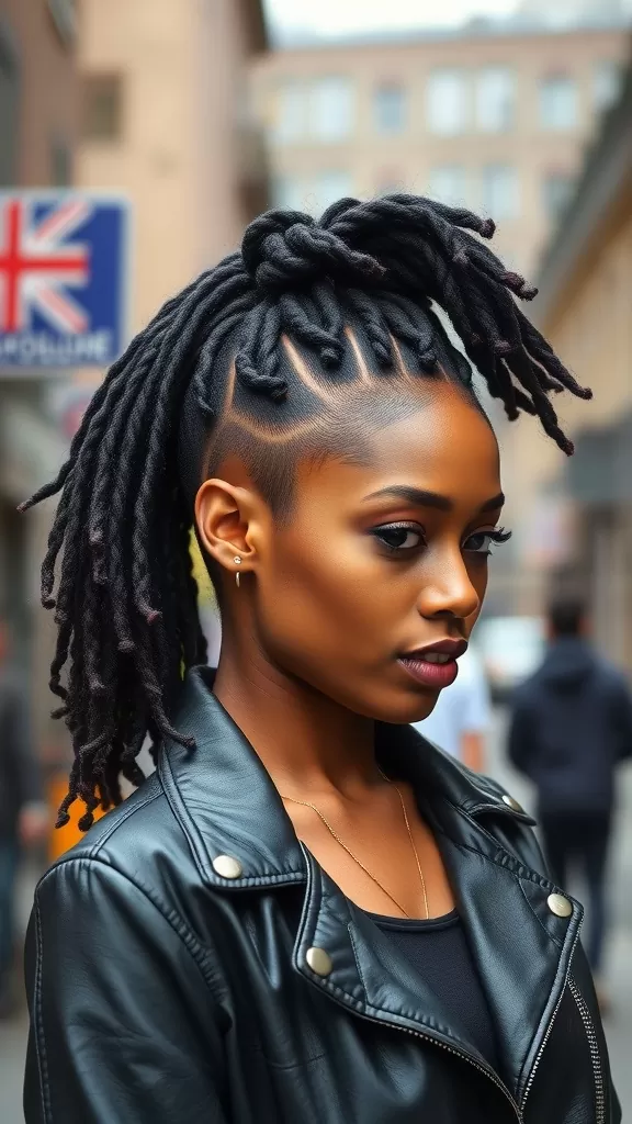 A woman with locs styled in a high ponytail and an undercut, wearing a leather jacket.