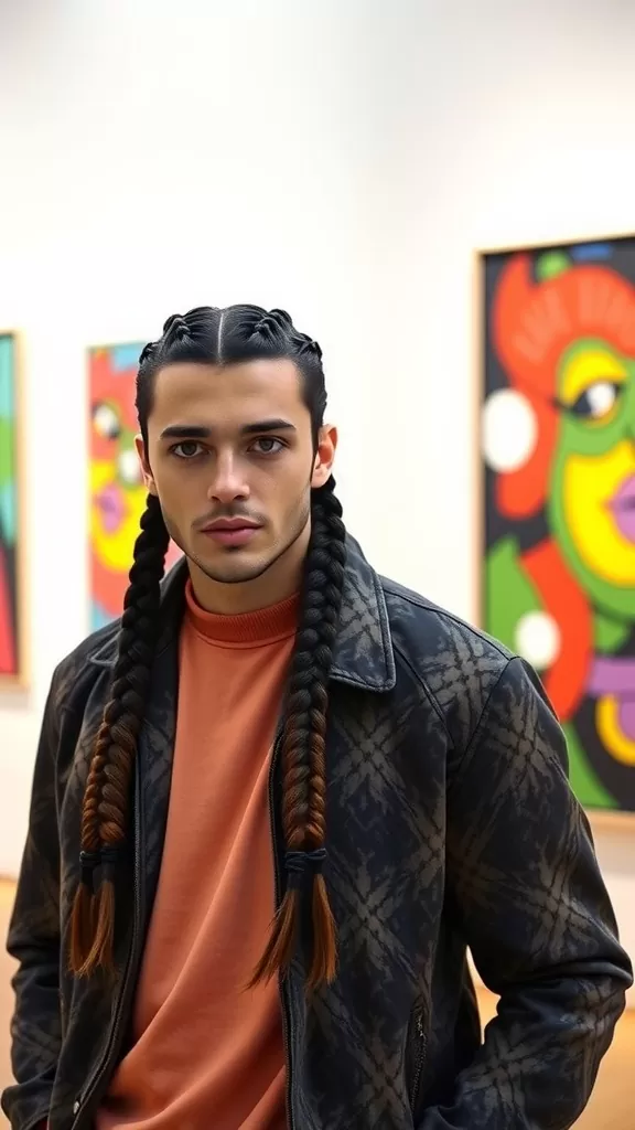 A person with long braids standing in an art gallery, wearing a stylish outfit.
