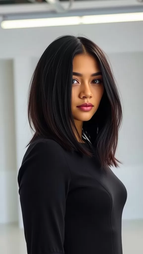 A woman with long feathered shag haircut, showcasing layers and texture.