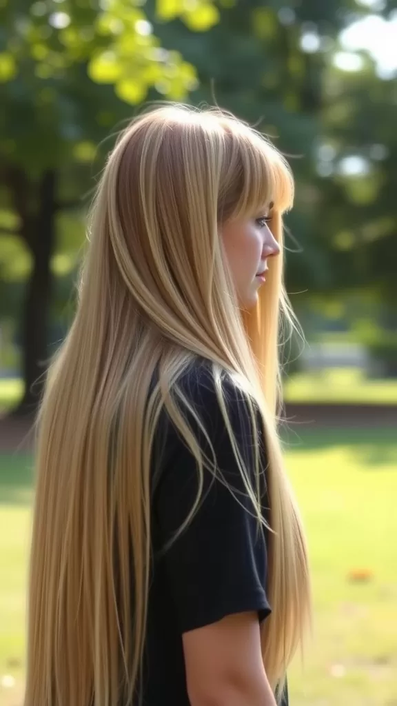 A woman with long straight hair and curtain bangs, styled in layers.