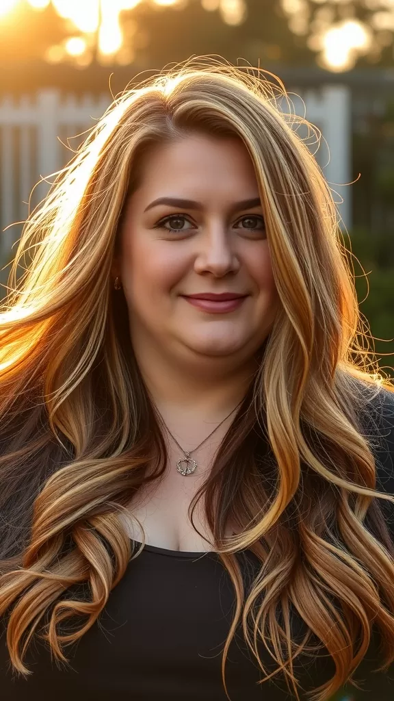 Woman with long layered hair and face-framing highlights, smiling in natural light