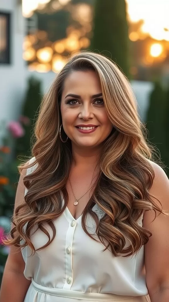 A woman with long layered hair styled in soft waves, wearing a light blouse and smiling outdoors.